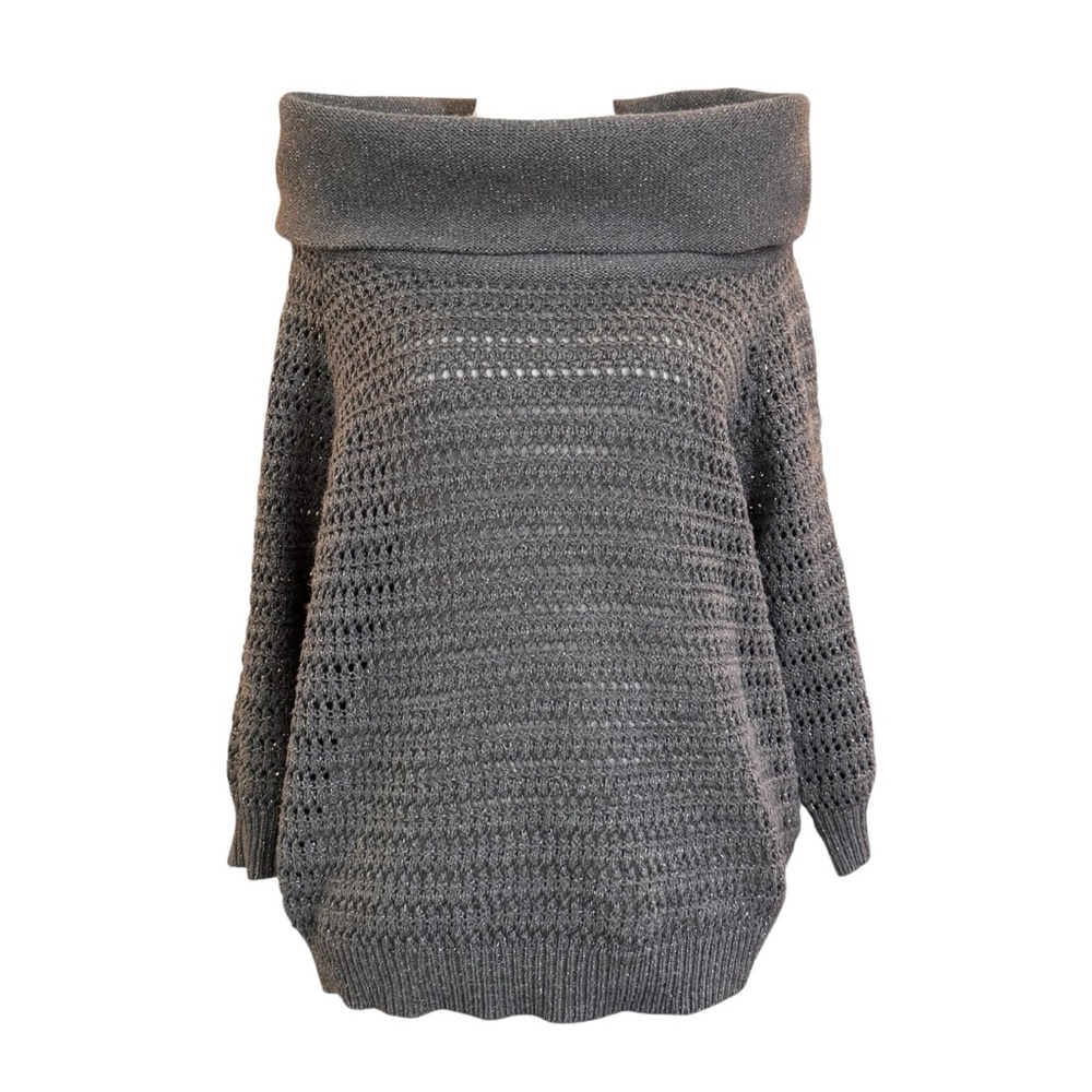 NEW YORK & COMPANY grey, silver metallic, crochet cowl neck sweater, size M